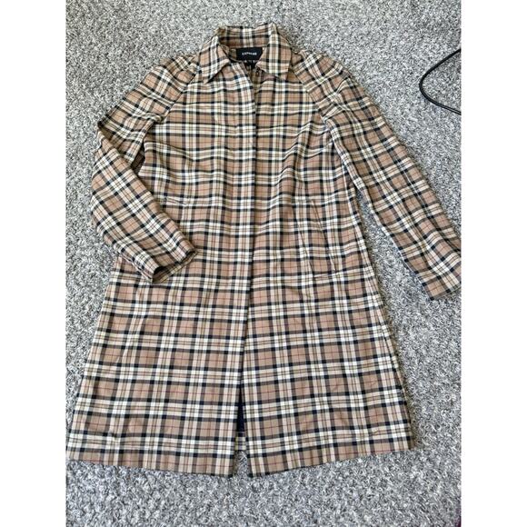 Express Womens Brown Nova Check Plaid Longline Coat Jacket Wool Blend 5/6 Small - Picture 1 of 8